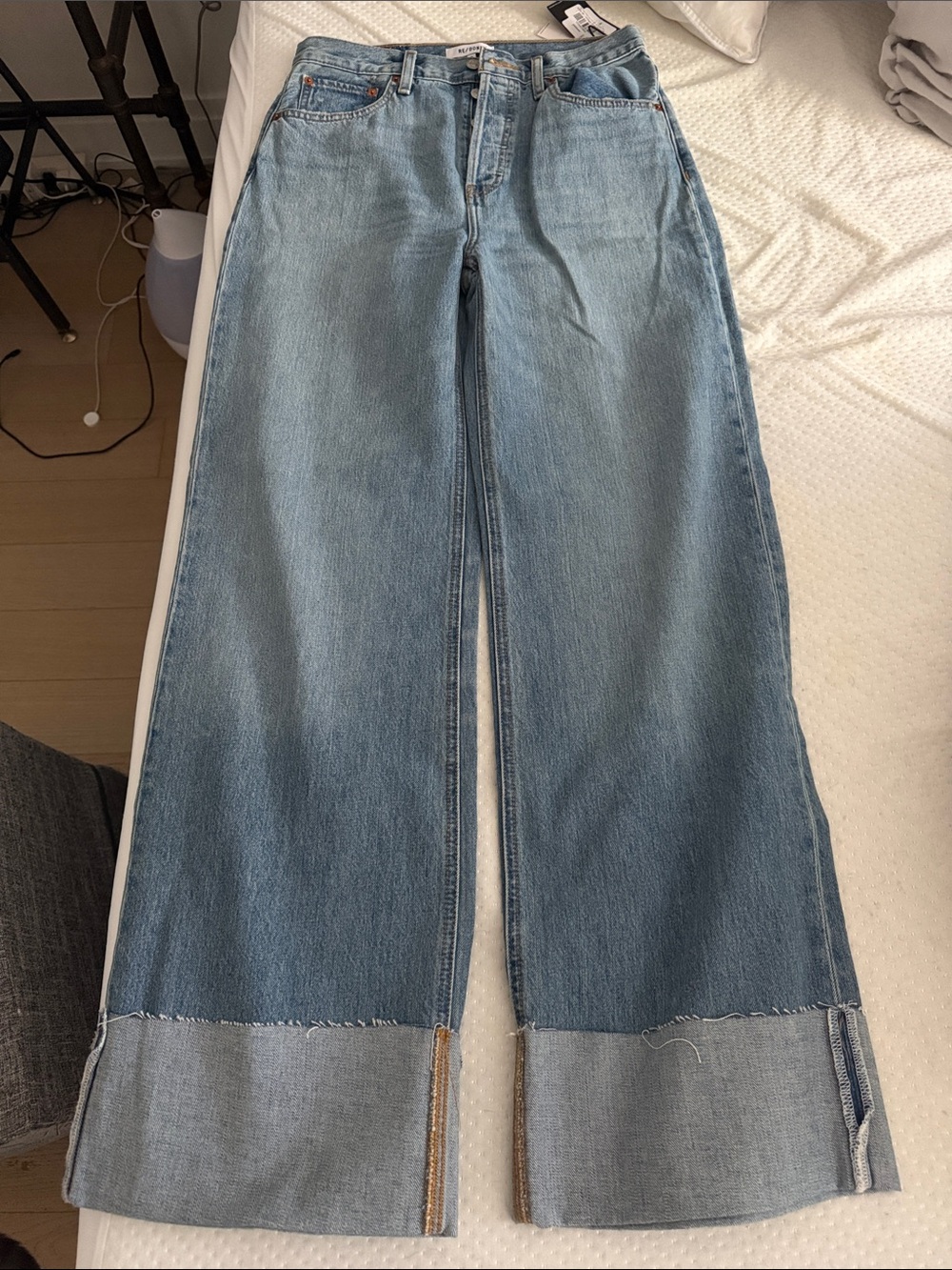 Re/Done Light Blue Wide-Leg Cuffed Jeans
